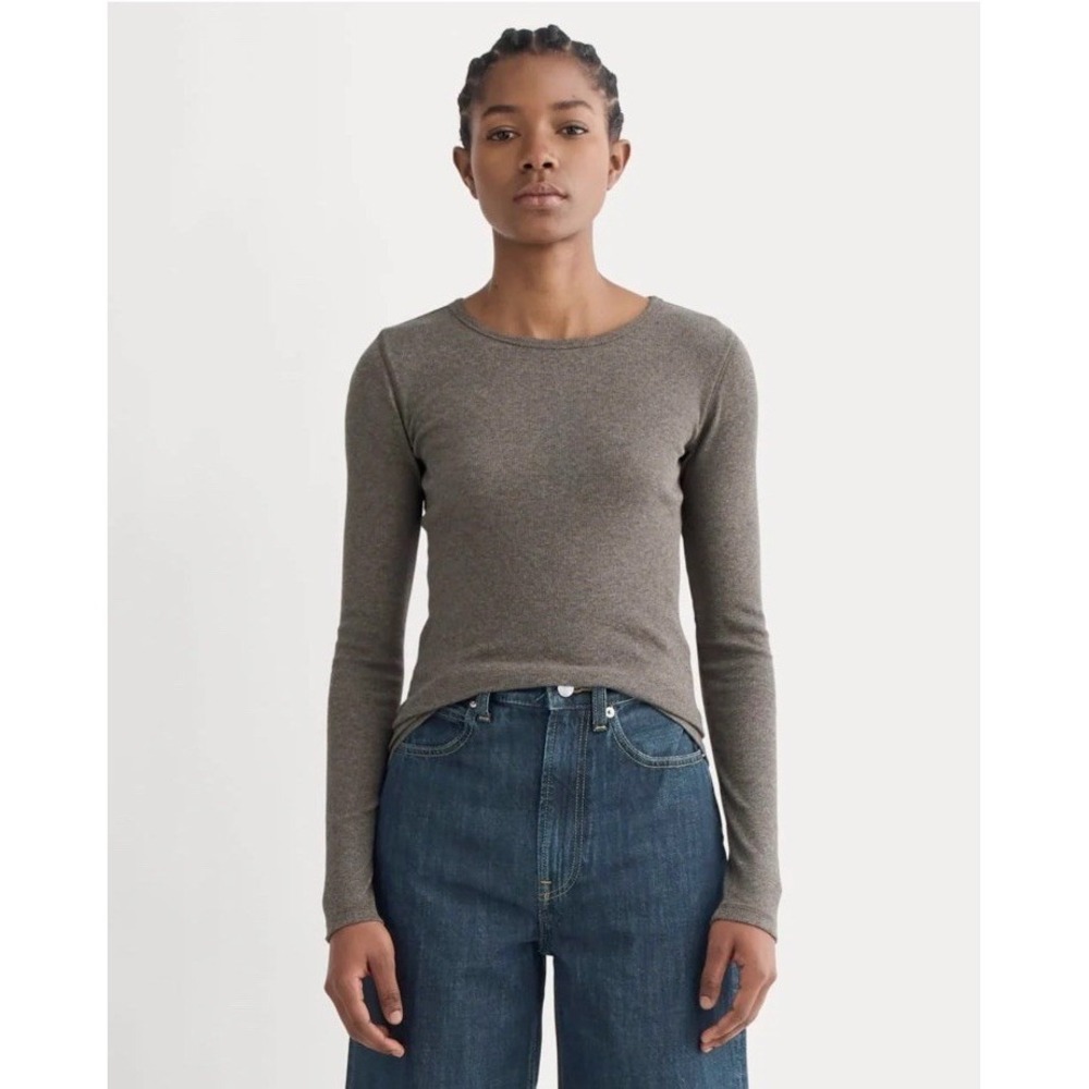 Everlane NWT Supima Cotton Luxe Micro-rib Long Sleeve Crew Heather Fatigue XS